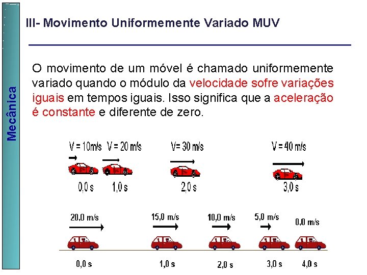 Mecânica III- Movimento Uniformemente Variado MUV O movimento de um móvel é chamado uniformemente