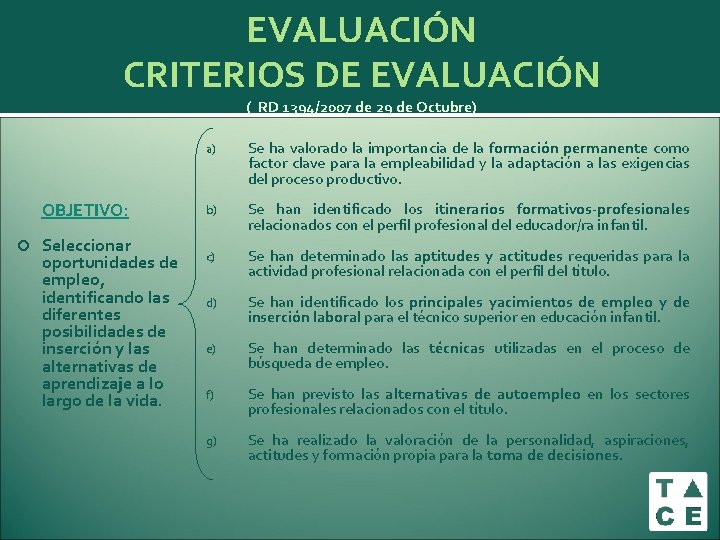 EVALUACIÓN CRITERIOS DE EVALUACIÓN ( RD 1394/2007 de 29 de Octubre) OBJETIVO: Seleccionar oportunidades EVALUACIÓN CRITERIOS DE EVALUACIÓN ( RD 1394/2007 de 29 de Octubre) OBJETIVO: Seleccionar oportunidades