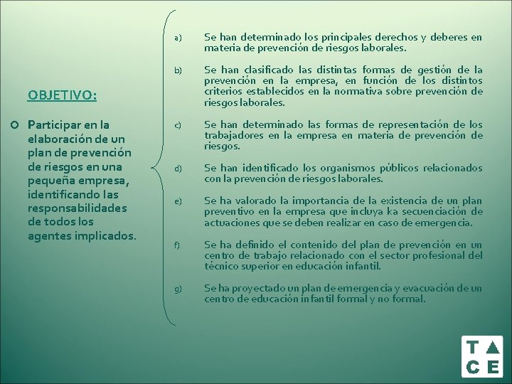 a) Se han determinado los principales derechos y deberes en materia de prevención de a) Se han determinado los principales derechos y deberes en materia de prevención de