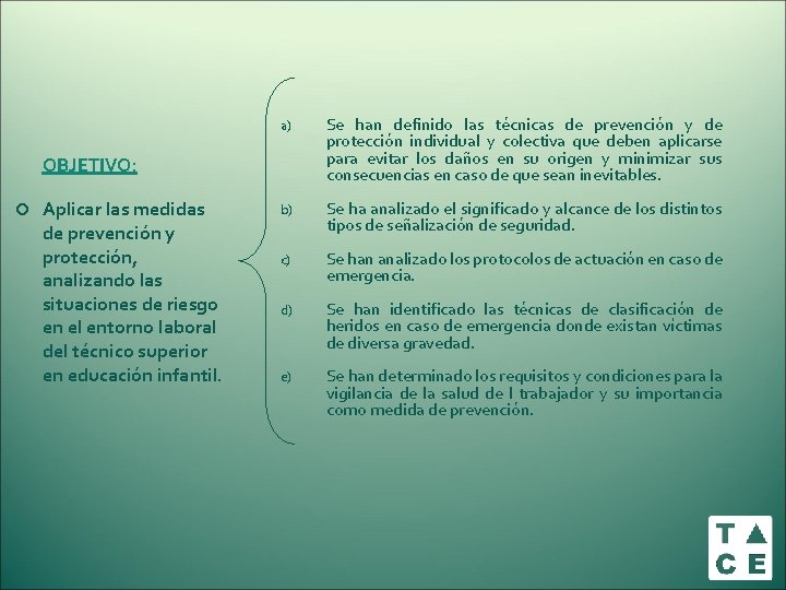 a) Se han definido las técnicas de prevención y de protección individual y colectiva a) Se han definido las técnicas de prevención y de protección individual y colectiva