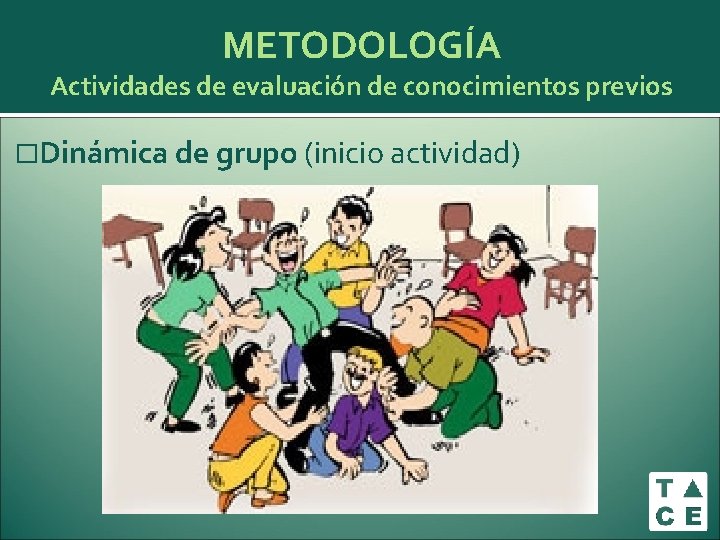 METODOLOGÍA Actividades de evaluación de conocimientos previos �Dinámica de grupo (inicio actividad) METODOLOGÍA Actividades de evaluación de conocimientos previos �Dinámica de grupo (inicio actividad)