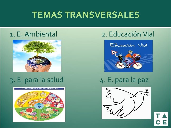 TEMAS TRANSVERSALES 1. E. Ambiental 3. E. para la salud 2. Educación Vial 4. TEMAS TRANSVERSALES 1. E. Ambiental 3. E. para la salud 2. Educación Vial 4.