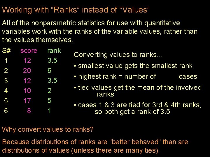 Working with “Ranks” instead of “Values” All of the nonparametric statistics for use with