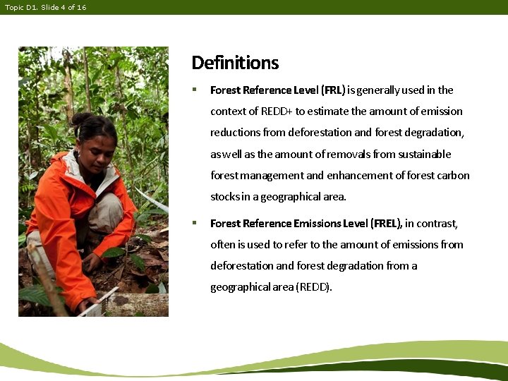 Topic D 1. Slide 4 of 16 Definitions § Forest Reference Level (FRL) is