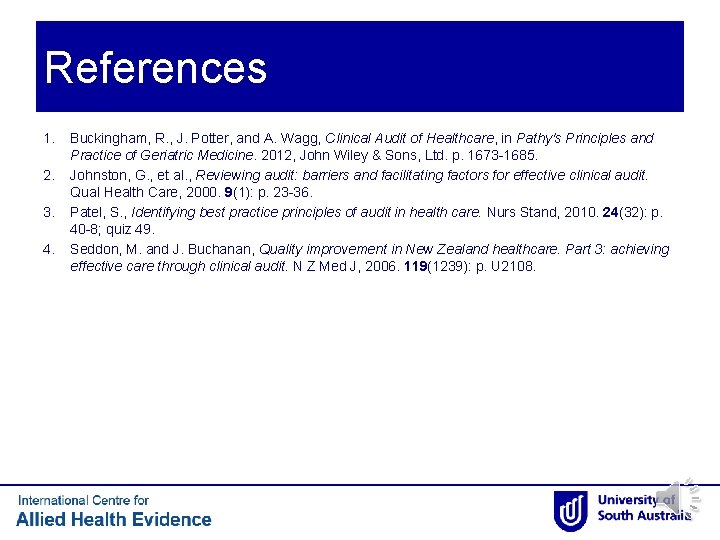 References 1. 2. 3. 4. Buckingham, R. , J. Potter, and A. Wagg, Clinical References 1. 2. 3. 4. Buckingham, R. , J. Potter, and A. Wagg, Clinical
