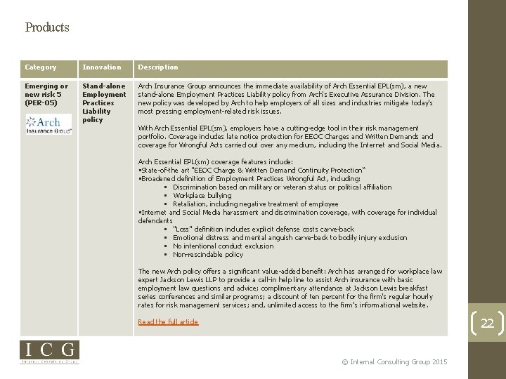 Products Category Innovation Description Emerging or new risk 5 (PER-05) Stand-alone Employment Practices Liability