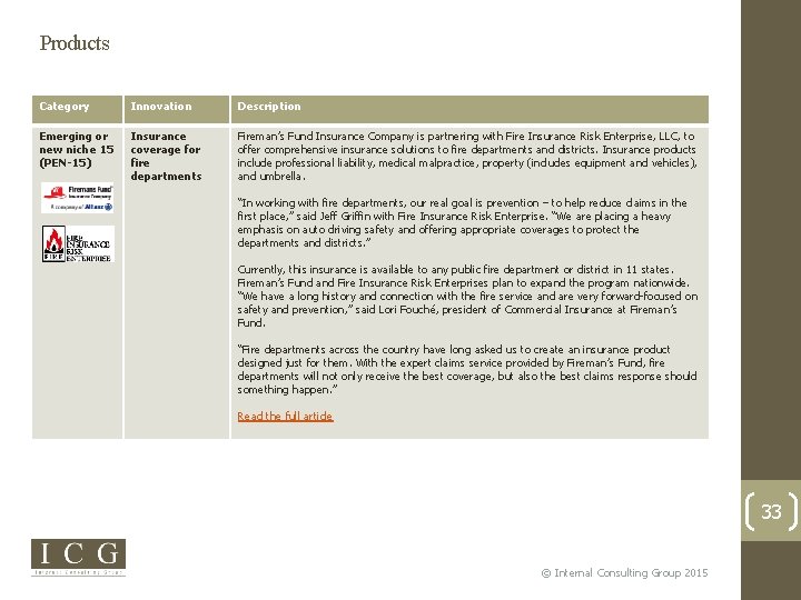 Products Category Innovation Description Emerging or new niche 15 (PEN-15) Insurance coverage for fire
