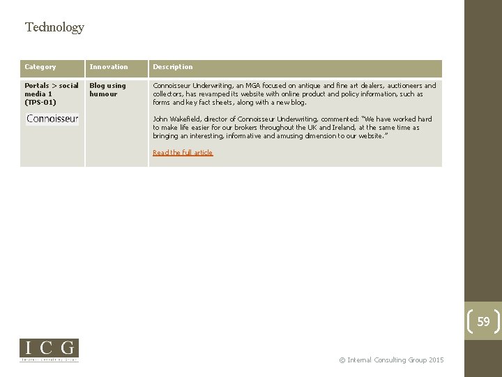 Technology Category Innovation Description Portals > social media 1 (TPS-01) Blog using humour Connoisseur