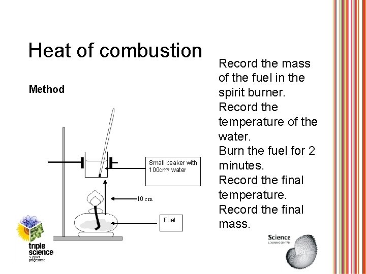 Heat of combustion Method Small beaker with 100 cm 3 water 10 cm Fuel