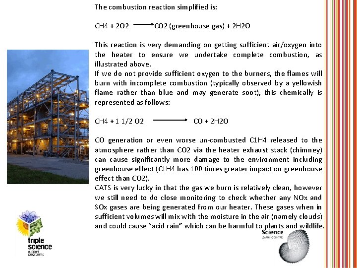 The combustion reaction simplified is: CH 4 + 2 O 2 CO 2 (greenhouse