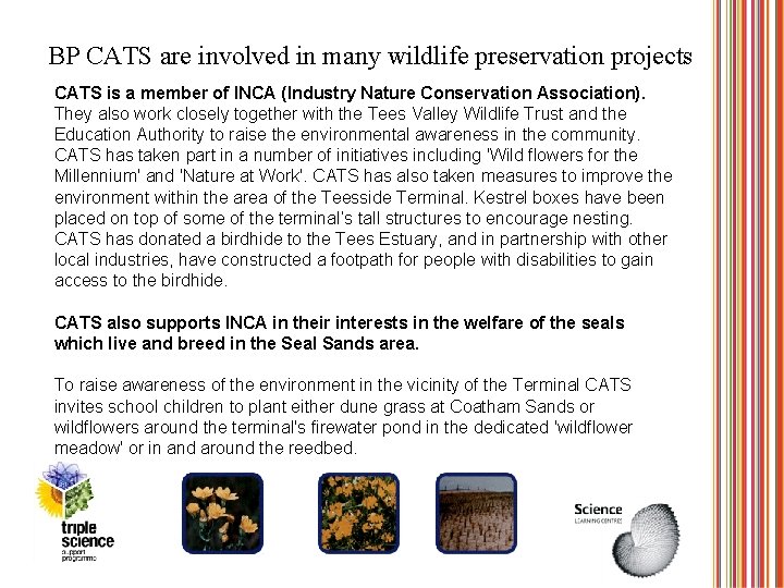 BP CATS are involved in many wildlife preservation projects CATS is a member of