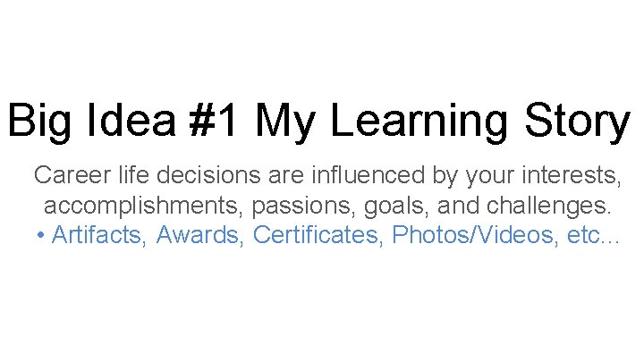 Big Idea #1 My Learning Story Career life decisions are influenced by your interests,