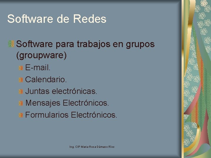 Software de Redes Software para trabajos en grupos (groupware) E-mail. Calendario. Juntas electrónicas. Mensajes