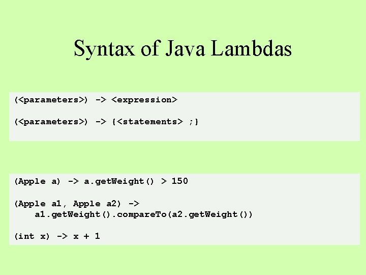 Syntax of Java Lambdas (<parameters>) -> <expression> (<parameters>) -> {<statements> ; } (Apple a)