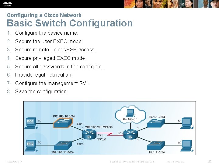 Configuring a Cisco Network Basic Switch Configuration 1. Configure the device name. 2. Secure