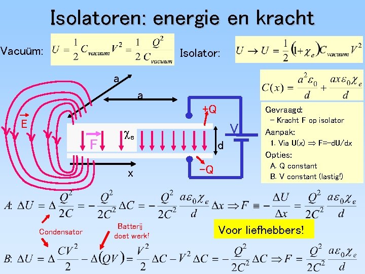 Isolatoren: energie en kracht Vacuüm: Isolator: a a +Q E F Condensator V e