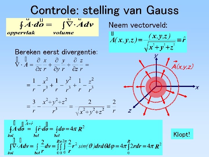 Controle: stelling van Gauss Neem vectorveld: Bereken eerst divergentie: y A(x, y, z) x