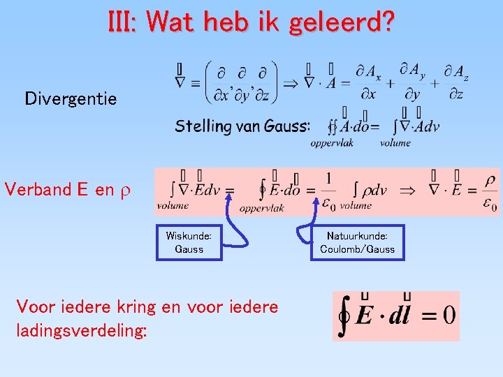 III: Wat heb ik geleerd? Divergentie Verband E en Wiskunde: Gauss Voor iedere kring III: Wat heb ik geleerd? Divergentie Verband E en Wiskunde: Gauss Voor iedere kring