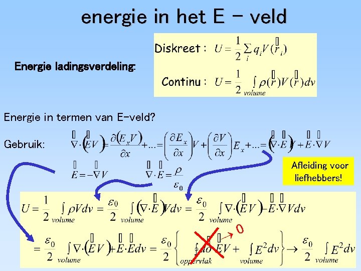 energie in het E - veld Energie ladingsverdeling: Energie in termen van E-veld? Gebruik: