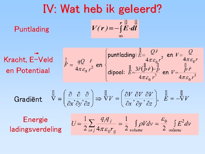 IV: Wat heb ik geleerd? Puntlading Kracht, E-Veld en Potentiaal Gradiënt Energie ladingsverdeling IV: Wat heb ik geleerd? Puntlading Kracht, E-Veld en Potentiaal Gradiënt Energie ladingsverdeling