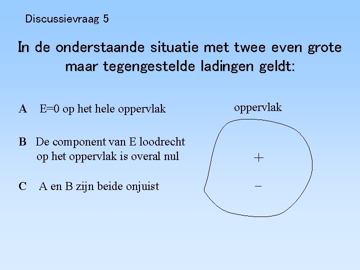 Discussievraag 5 In de onderstaande situatie met twee even grote maar tegengestelde ladingen geldt: