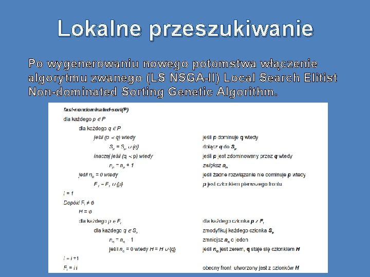 Lokalne przeszukiwanie Po wygenerowaniu nowego potomstwa włączenie algorytmu zwanego (LS NSGA-II) Local Search Elitist