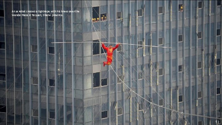 An acrobat crosses a tightrope with his knees over the Wanda Plaza in Taiyuan,