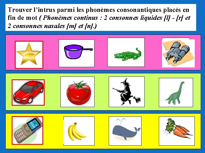Trouver l’intrus parmi les phonèmes consonantiques placés en fin de mot ( Phonèmes continus