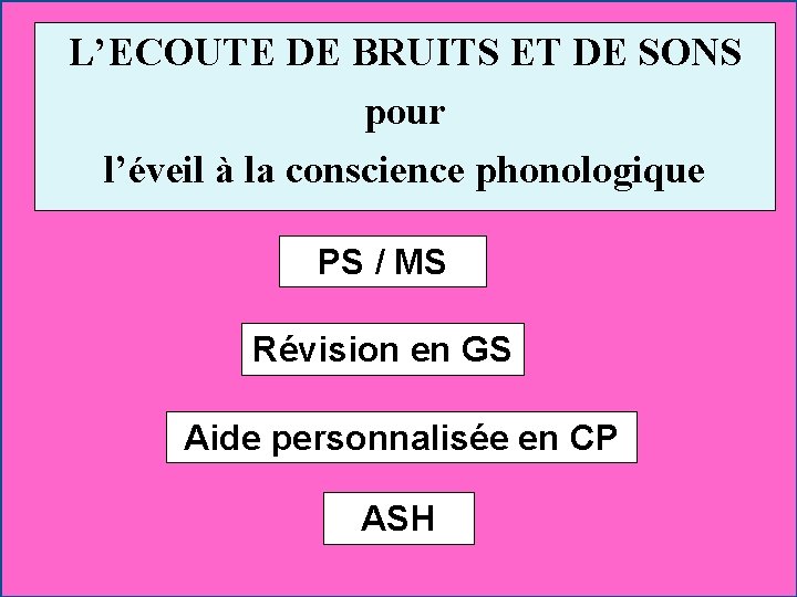 L’ECOUTE DE BRUITS ET DE SONS pour l’éveil à la conscience phonologique PS /