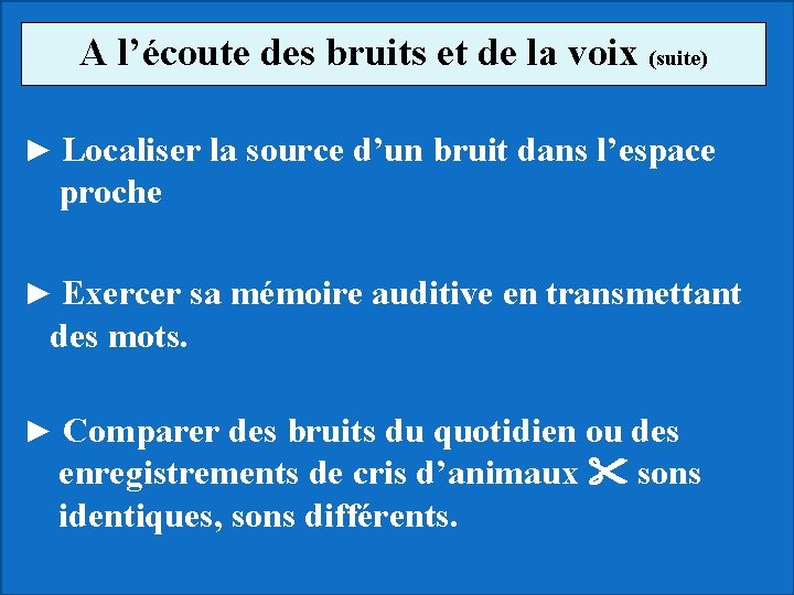 A l’écoute des bruits et de la voix (suite) ► Localiser la source d’un