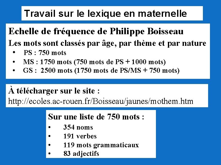 Travail sur le lexique en maternelle Echelle de fréquence de Philippe Boisseau Les mots