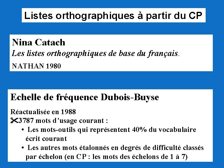 Listes orthographiques à partir du CP Nina Catach Les listes orthographiques de base du