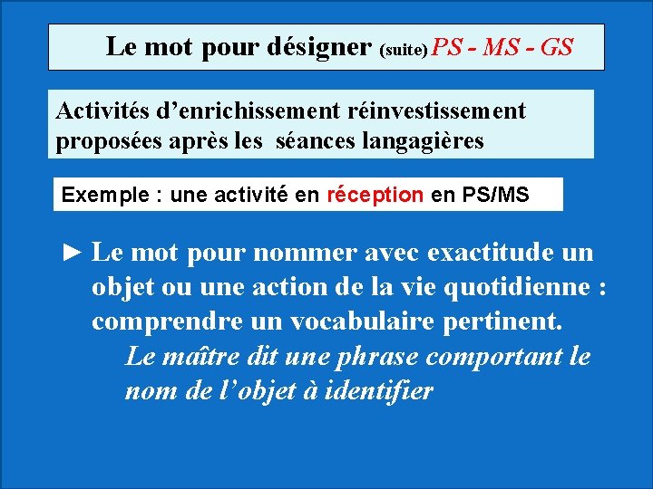 Le mot pour désigner (suite) PS - MS - GS Activités d’enrichissement réinvestissement proposées