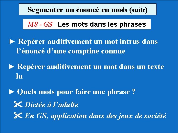 Segmenter un énoncé en mots (suite) MS - GS Les mots dans les phrases