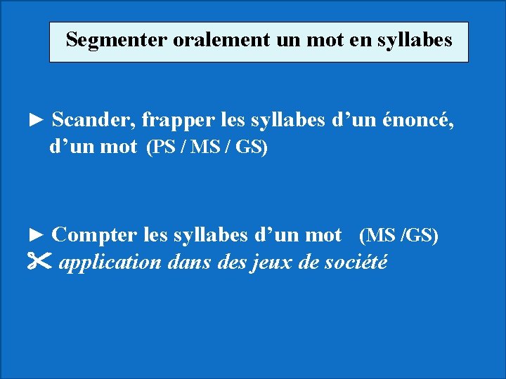 Segmenter oralement un mot en syllabes ► Scander, frapper les syllabes d’un énoncé, d’un