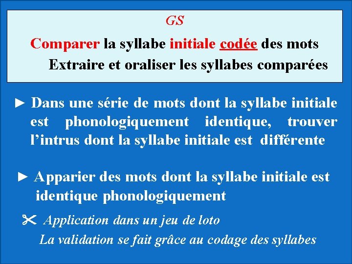 GS Comparer la syllabe initiale codée des mots Extraire et oraliser les syllabes comparées