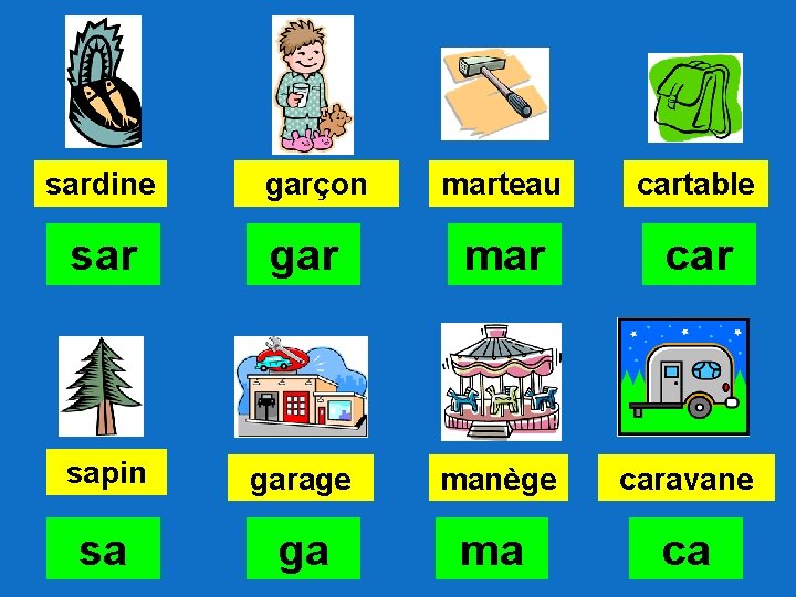 sardine garçon marteau cartable car sar gar mar sapin garage manège caravane sa ga