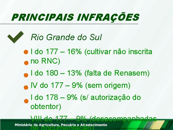 PRINCIPAIS INFRAÇÕES Rio Grande do Sul I do 177 – 16% (cultivar não inscrita