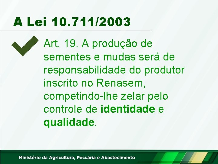 A Lei 10. 711/2003 Art. 19. A produção de sementes e mudas será de