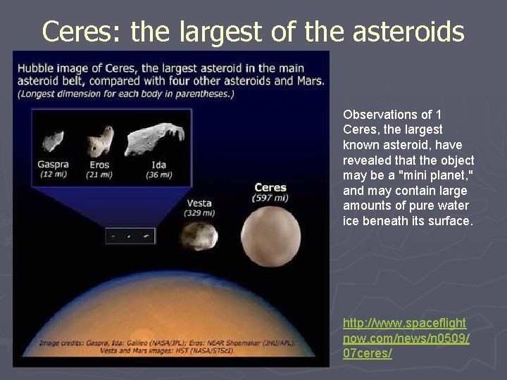 Ceres: the largest of the asteroids Observations of 1 Ceres, the largest known asteroid,