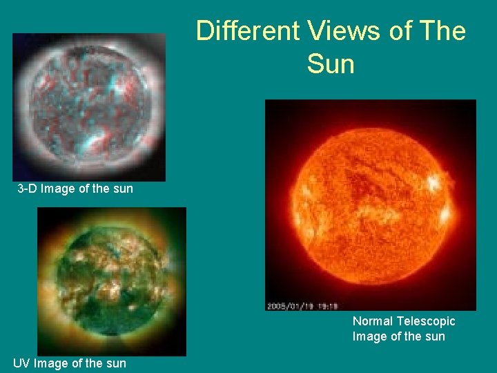 Different Views of The Sun 3 -D Image of the sun Normal Telescopic Image