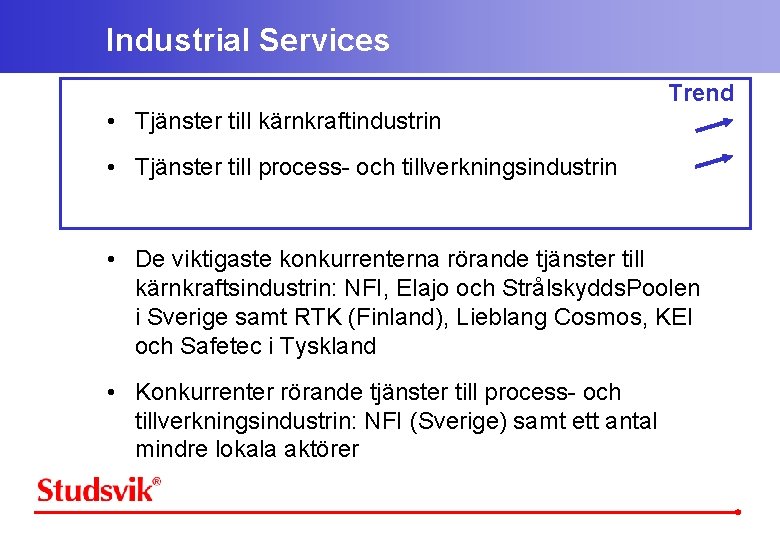 Industrial Services Trend • Tjänster till kärnkraftindustrin • Tjänster till process- och tillverkningsindustrin •