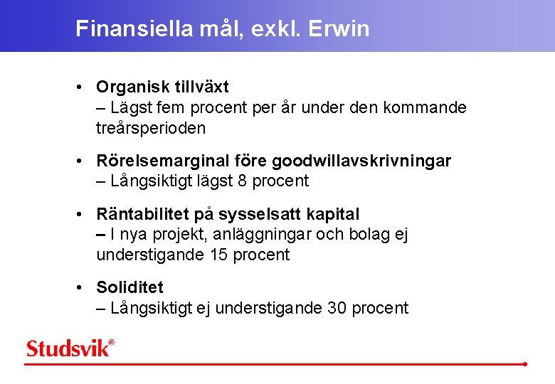 Finansiella mål, exkl. Erwin • Organisk tillväxt – Lägst fem procent per år under