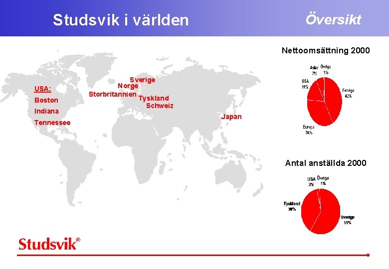 Studsvik i världen Översikt Nettoomsättning 2000 USA: Boston Indiana Tennessee Sverige Norge Storbritannien Tyskland