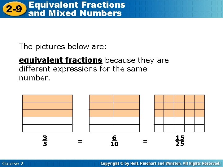 Equivalent Fractions 2 -9 and Mixed Numbers The pictures below are: equivalent fractions because