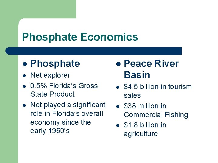Phosphate Economics l Phosphate l Net explorer 0. 5% Florida’s Gross State Product Not