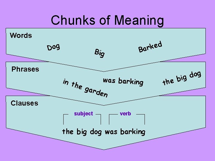 Chunks of Meaning Words Dog d e k r a B Big Phrases was