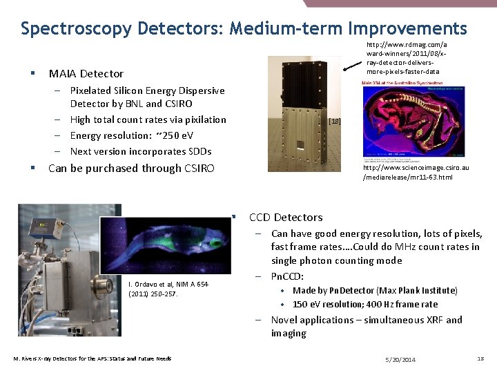 Spectroscopy Detectors: Medium-term Improvements § http: //www. rdmag. com/a ward-winners/2011/08/xray-detector-deliversmore-pixels-faster-data MAIA Detector – Pixelated Spectroscopy Detectors: Medium-term Improvements § http: //www. rdmag. com/a ward-winners/2011/08/xray-detector-deliversmore-pixels-faster-data MAIA Detector – Pixelated