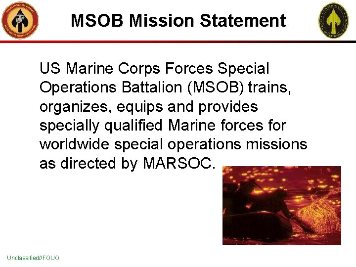 MSOB Mission Statement US Marine Corps Forces Special Operations Battalion (MSOB) trains, organizes, equips