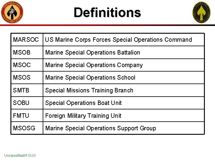 Definitions MARSOC US Marine Corps Forces Special Operations Command MSOB Marine Special Operations Battalion